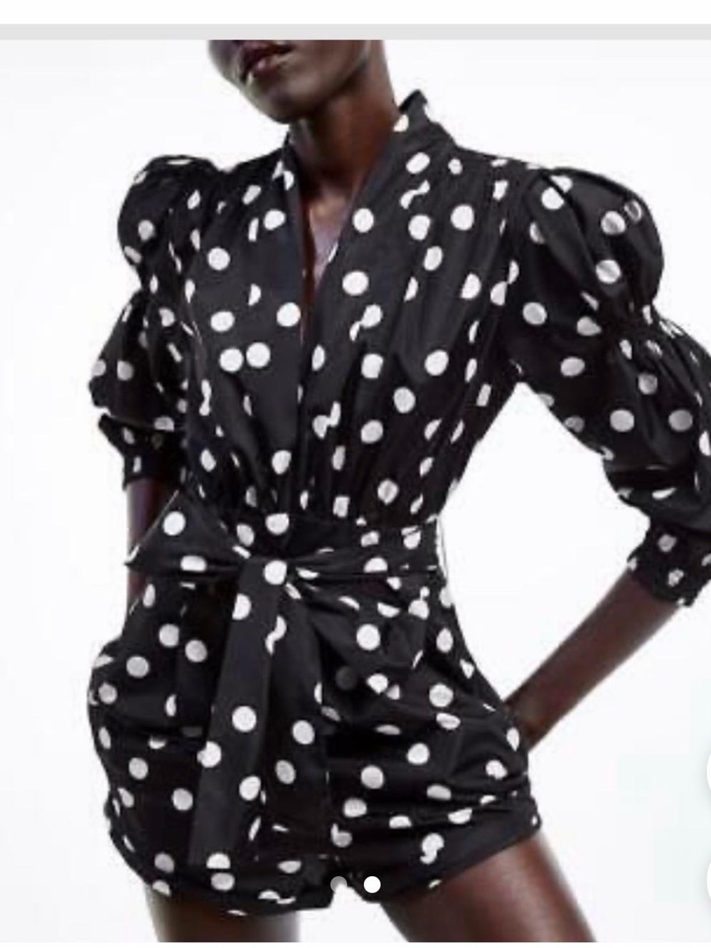 Zara Black and White Polka Dot Puff-Sleeve Romper with Tie Waist
